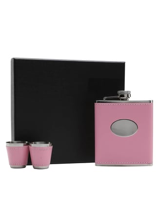 Lucy G Pink Hip Flask with Oval Engraving Plate, 2 Cups & Funnel / 7oz