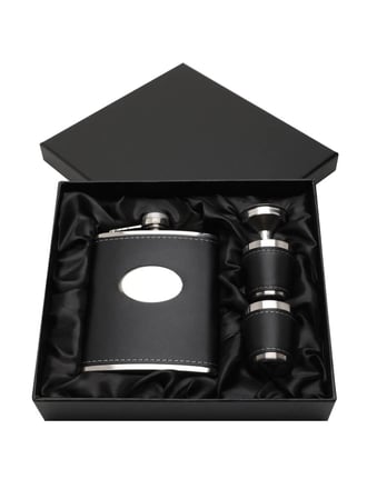 Lucy G Black Hip Flask with Oval Engraving Plate, 2 Cups & Funnel / 7oz