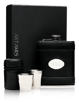 Black Leather Hip Flask With Engraving Plate & 4 Cups Presentation