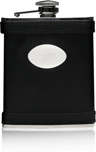 Black Leather Hip Flask With Engraving Plate & 4 Cups