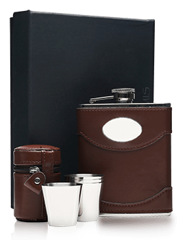 Brown Leather Hip Flask With Engraving Plate & 4 Cups Presentation