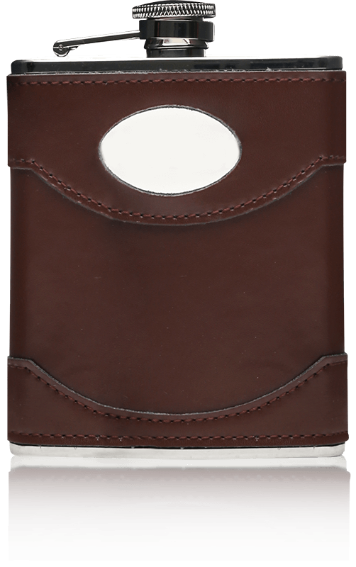 Brown Leather Hip Flask With Engraving Plate & 4 Cups