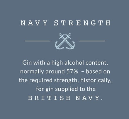 Navy Strength: Gin with a high alcohol content, normally around 57% – based on the required strength, historically, for gin supplied to the British Navy.