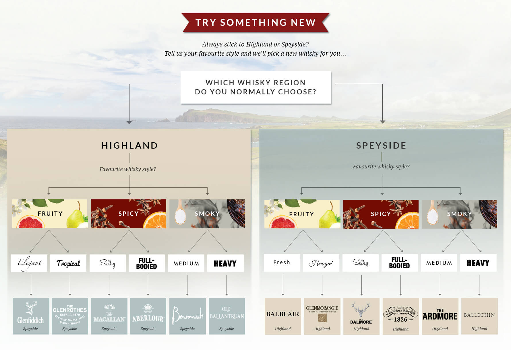 Flowchart to choose Highland and Speyside whisky brands based on flavour choices.