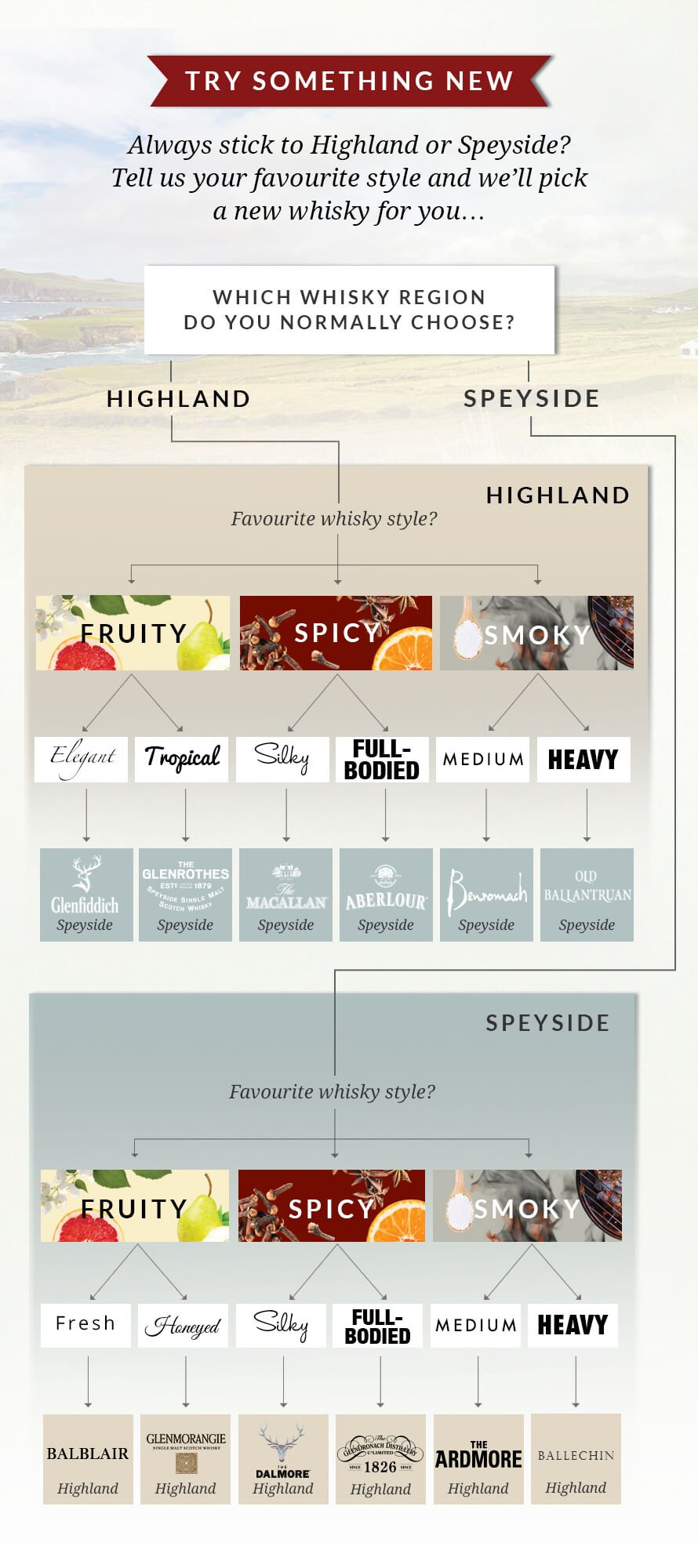 Flowchart to choose Highland and Speyside whisky brands based on flavour choices.