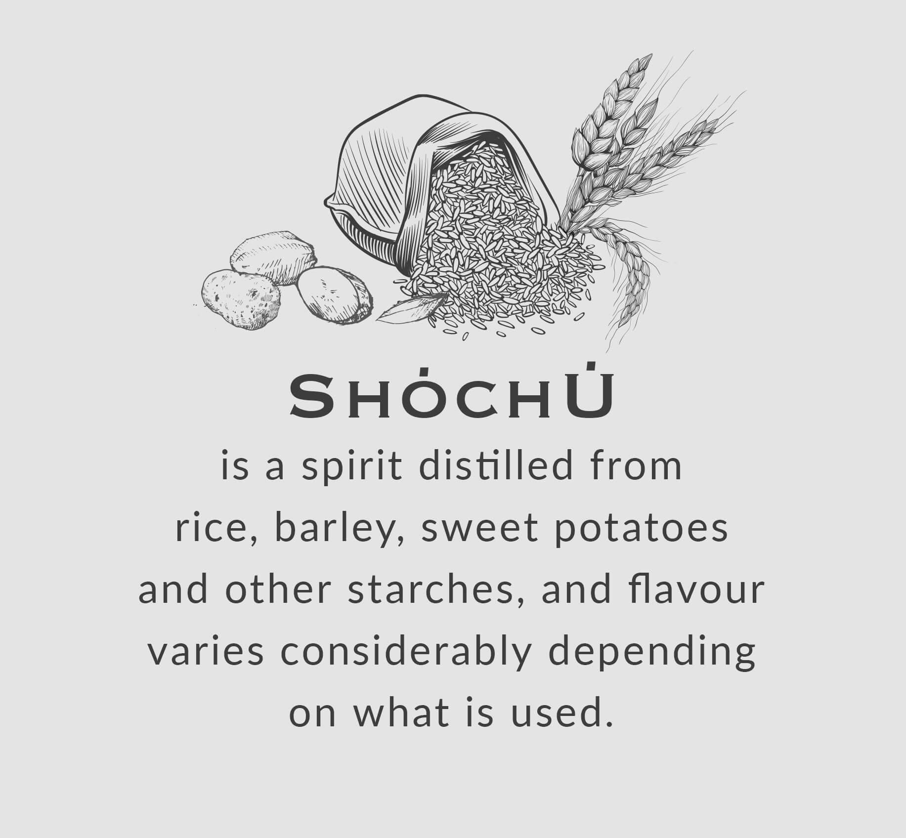 Shōchū is a spirit distilled from rice, barley, sweet potatoes and other starches, and flavour varies considerably depending on what is used.