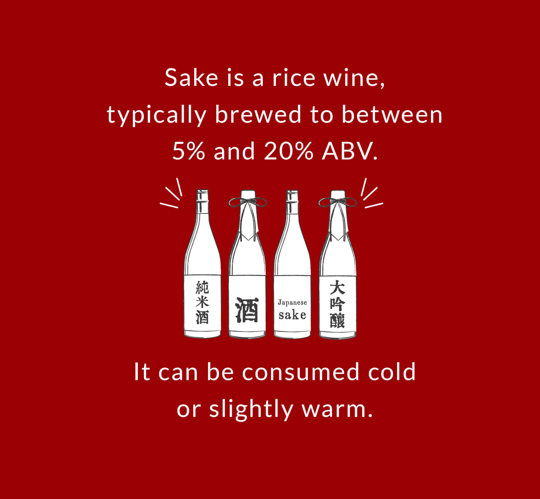 Sake is a rice wine, typically brewed to between 5% and 20% ABV. It can be consumed cold or slightly warm.