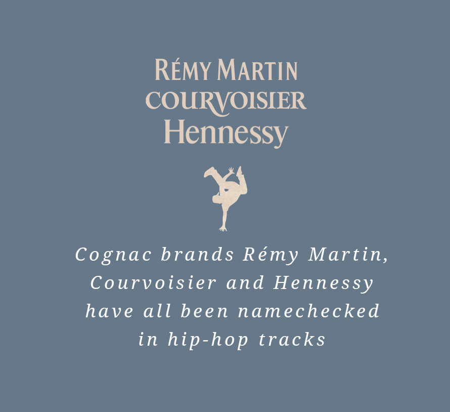Cognac brands Rémy Martin, Courvoisier and Hennessy have all been namechecked in hip-hop tracks