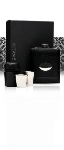 Black Leather Hip Flask With Engraving Plate & 4 Cups