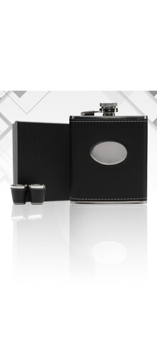 Lucy G Black Hip Flask with Oval Engraving Plate, 2 Cups & Funnel / 7oz