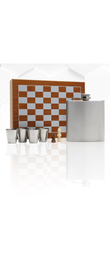 Lucy G Hip Flask with Chess Set, 4 Cups & Funnel / 6oz
