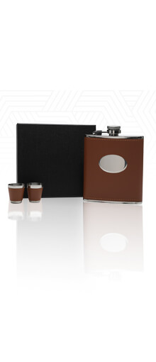 Lucy G Brown Hip Flask with Oval Engraving Plate, 2 Cups & Funnel / 7oz