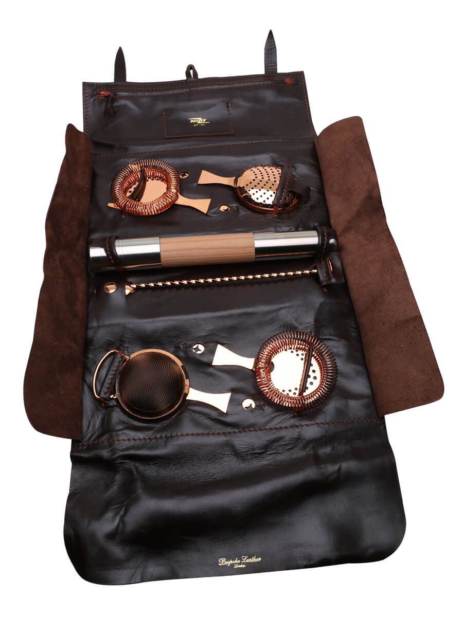 Bonzer Leather Roll Strainers & Muddler Set Copper The Whisky Exchange